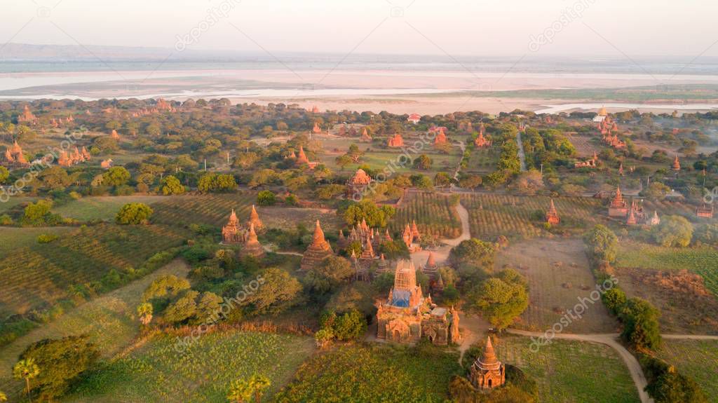 Aerial view of Bagan plain in Myanmar