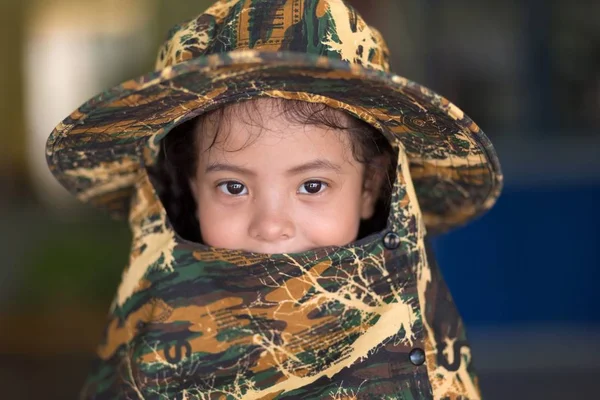 Asian little girl portrait with camo hat — Stock Photo, Image