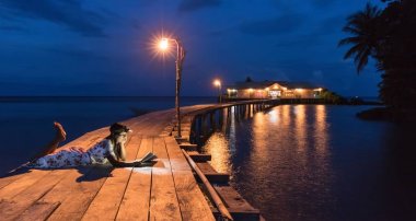 Woman reading book on a wooden warf at night . clipart