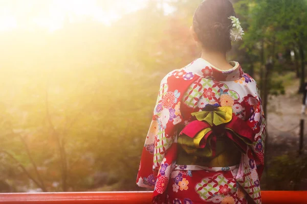 Pige med kimono nyde efteråret farve - Stock-foto