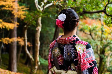 Japon kimono kız zevk sonbahar yaprakları