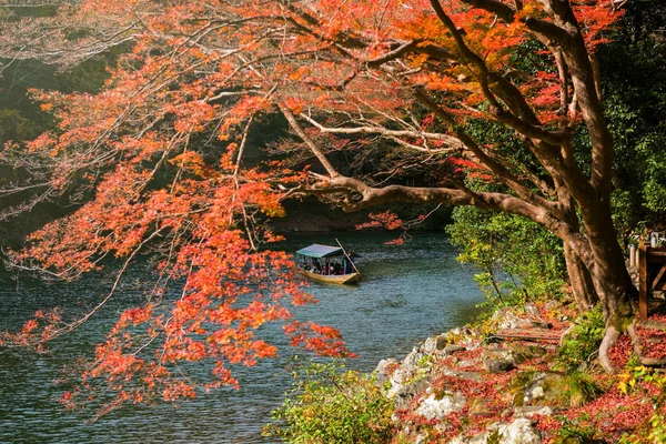 秋、嵐山の sailng 観光船 — ストック写真