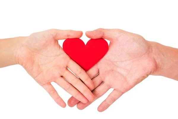 Couple hands holding red heart on white — Stock Photo, Image