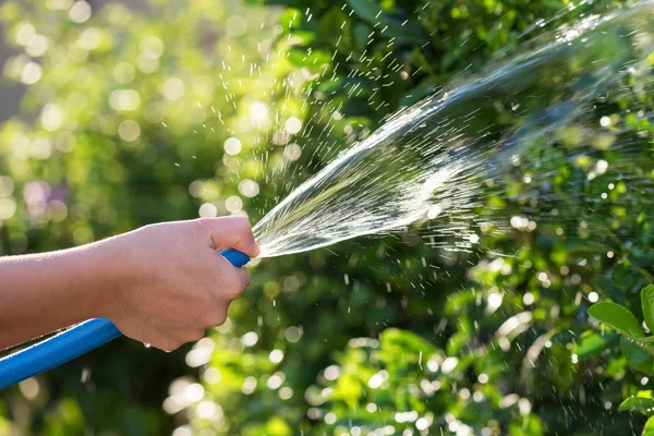 Spray water to garden by rubber hose — Stock Photo, Image