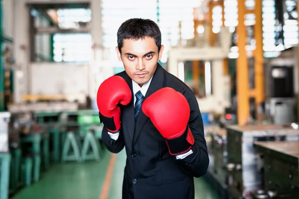 Forte Fábrica Empresário Proprietário Com Luvas Boxe Armazém Fábrica Indústria — Fotografia de Stock