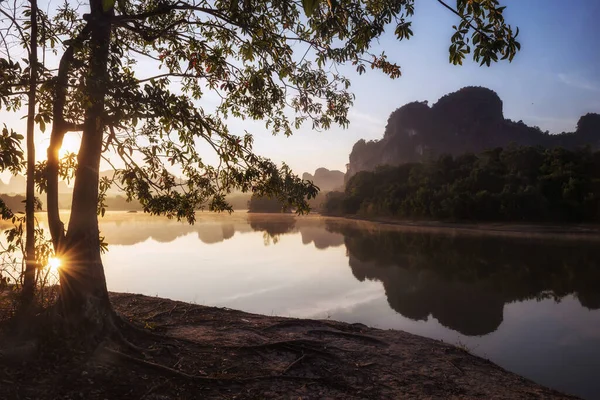 Přírodní Pohled Strom Vápencové Hory Mlha Nad Vodní Nádrž Při — Stock fotografie