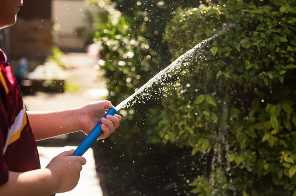 Child Boy Spray Water Rubber Tube Plant Tree House Foliage — Stock Photo, Image