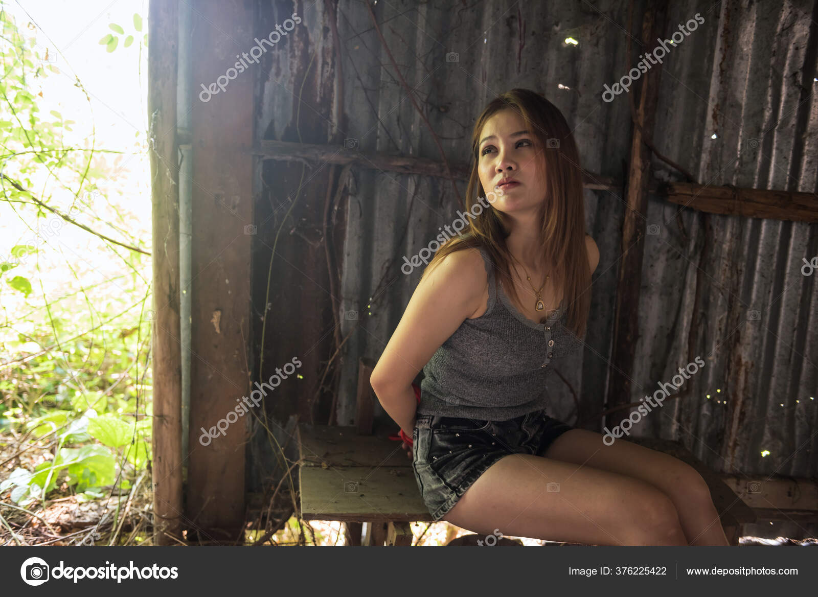 Hopeless Hostage Woman Hands Tied Red Rope Abandon Cabin Wood Stock Photo by ©blanscape 376225422 photo pic