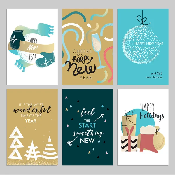 Ensemble de cartes de voeux dessinées à la main pour Noël et Nouvel An — Image vectorielle