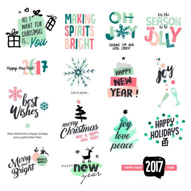 Noel ve yeni yıl vintage tarzı rozetleri ve etiketleri kümesi