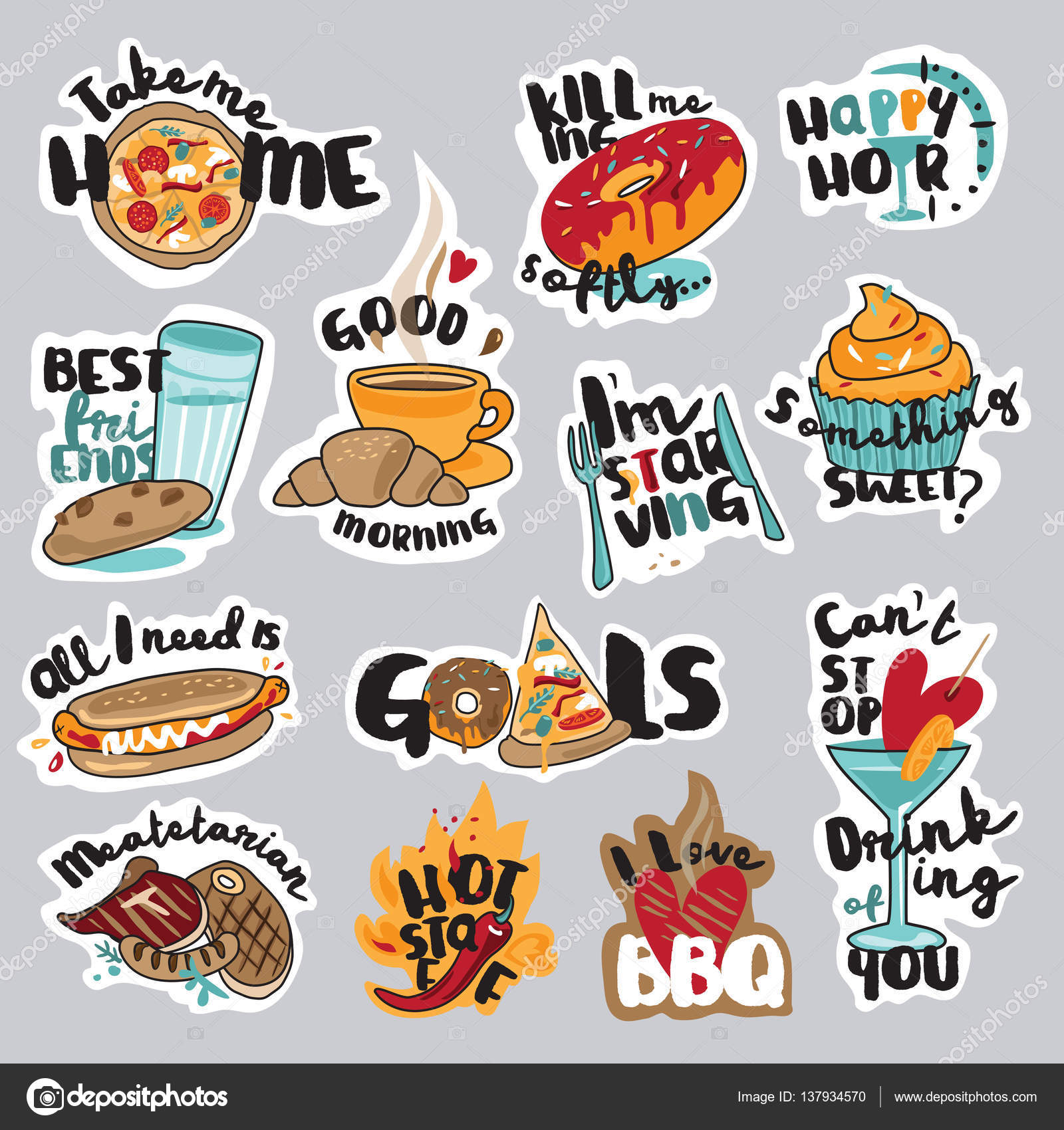 Set of funny food and drink stickers for social network Stock