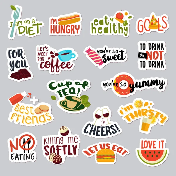 Sosyal ağ için komik yiyecek ve içecek etiketleri kümesi — Stok Vektör