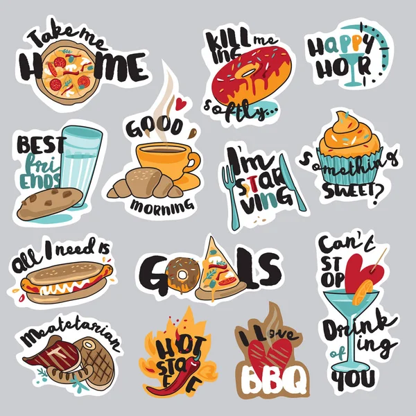 Conjunto de pegatinas divertidas de comida y bebida para redes sociales — Vector de stock