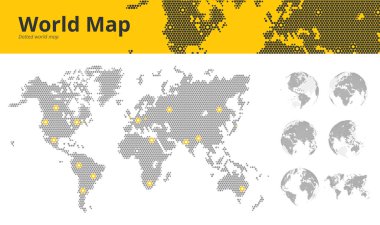 İş noktalı Dünya Haritası ile işaretli ekonomik merkezleri ve tüm kıta gösterilen Dünya Küre