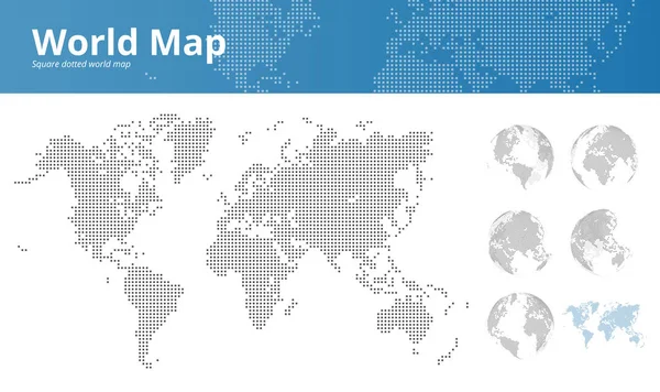 Quadratisch gepunktete Weltkarte und Erdkugeln mit allen Kontinenten — Stockvektor