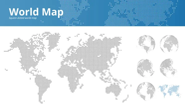 Площадь пунктирная карта мира и земные шары, показывающие все континенты — стоковый вектор