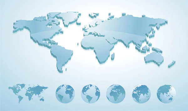 Ilustração 3d mapa do mundo com globos da terra mostrando todos os continentes — Vetor de Stock