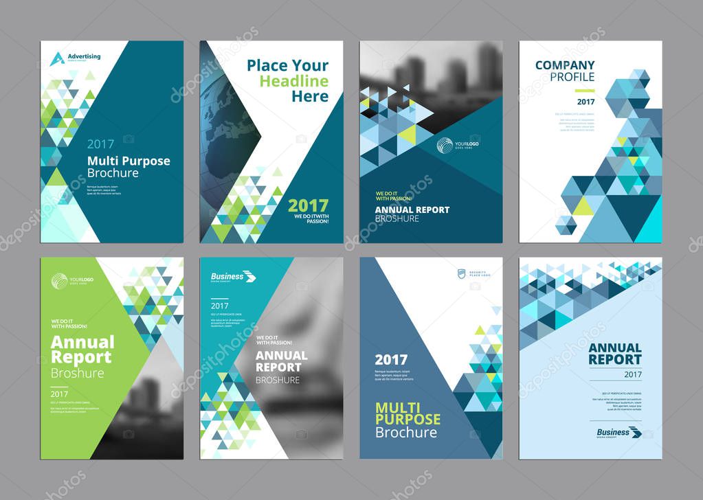Vector illustrations of brochure covers, annual reports, flyer design layouts, business presentations, ads and magazine, business stationary collection.