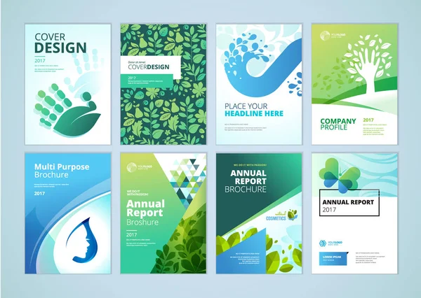 Produtos naturais e orgânicos brochura cobrir design e folheto layout modelos coleção —  Vetores de Stock