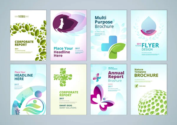 Дизайн обложки брошюры "Здравоохранение и натуральные продукты" и коллекция шаблонов оформления листовок — стоковый вектор