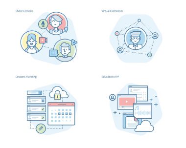 Online eğitim, apps, sanal sınıf, eğitim ağı, ders programı için kavram satır simgeler kümesi öğretmenler için