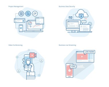 Proje Yönetimi, iş veri güvenliği, video konferans, iş kavramı satır simgeler kümesi canlı akış