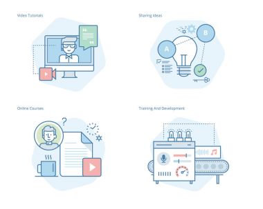 Set of concept line icons for education, video tutorials, online courses, training and development, sharing ideas
