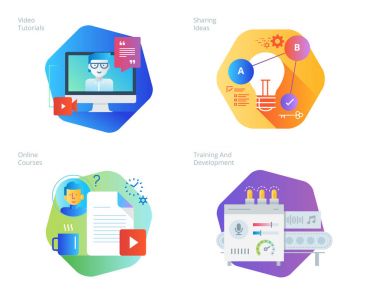 Eğitim, eğitim videoları, online kurslar, eğitim ve geliştirme, fikir paylaşımı için malzeme tasarım Icons set. 