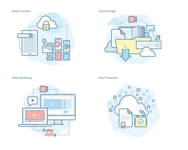 Set van concept lijn pictogrammen voor mobiele diensten en oplossingen, cloud opslag, video marketing, bescherming van gegevens — Stockvector