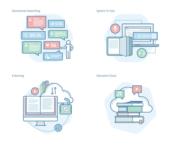 Conjunto de iconos de línea de concepto para aplicaciones educativas, redes, e-learning, nube educativa — Vector de stock