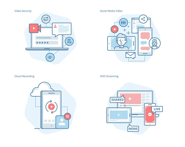 Ensemble d'icônes de ligne de concept pour la vidéo sur les médias sociaux, l'enregistrement en nuage, le streaming VOD, la sécurité vidéo, le streaming vidéo en ligne — Image vectorielle