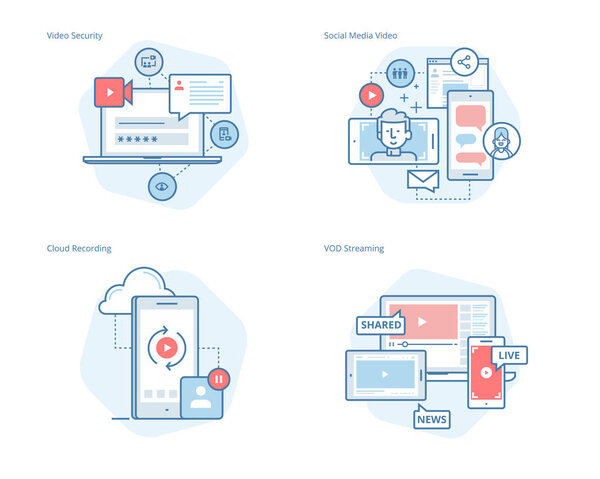 Set of concept line icons for social media video, cloud recording, VOD streaming, video security, online video streaming