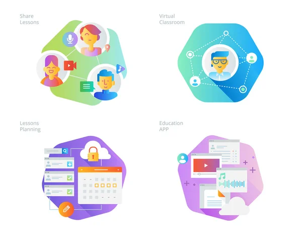 Online eğitim, apps, sanal sınıf, eğitim ağı, ders programı için öğretmenler için malzeme tasarım Icons set — Stok Vektör