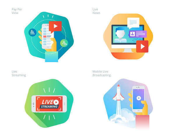 Material design icons set for live streaming, mobile broadcasting, pay per view, online video, news