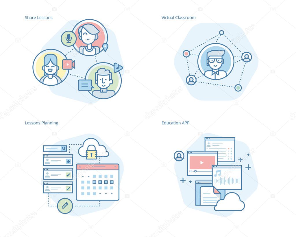 Set of concept line icons for online education, apps, virtual classroom, education network, lecture program for teachers