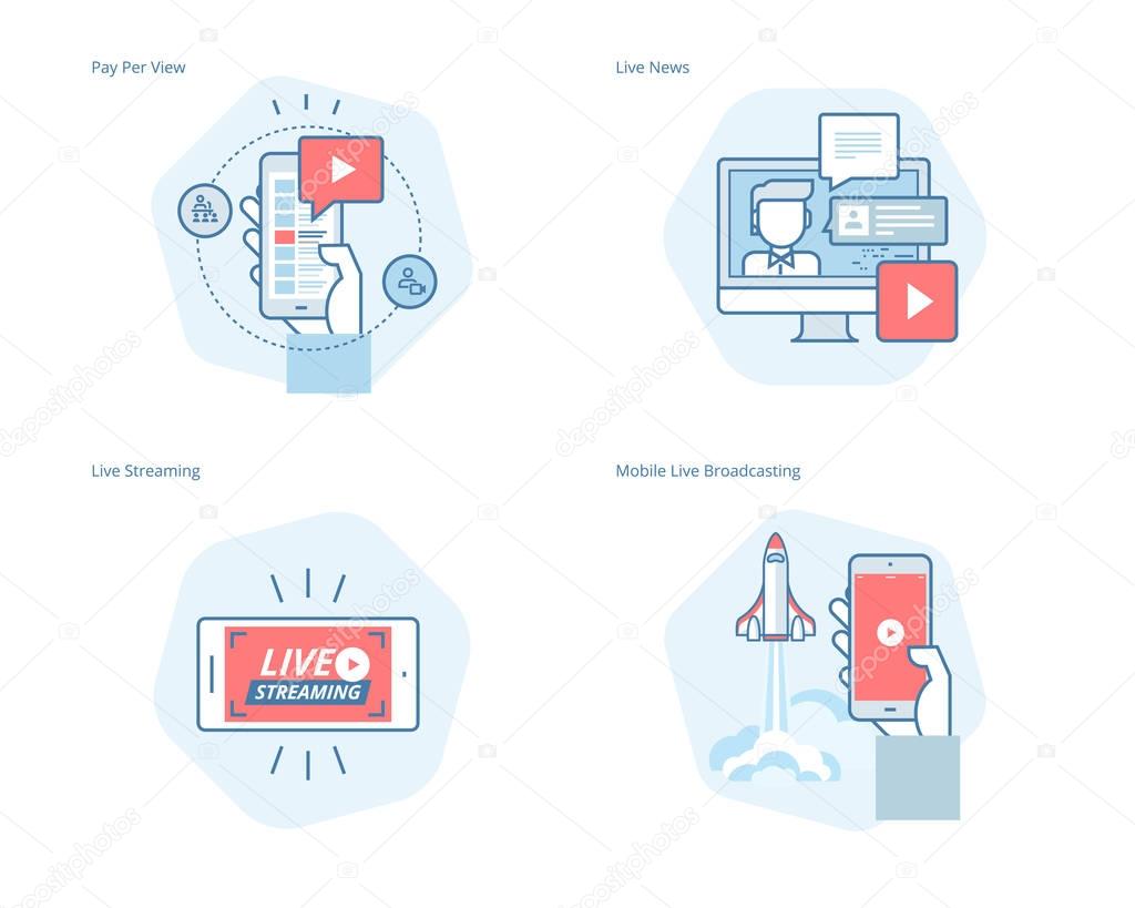 Set of concept line icons for live streaming, mobile broadcasting, pay per view, online video, news