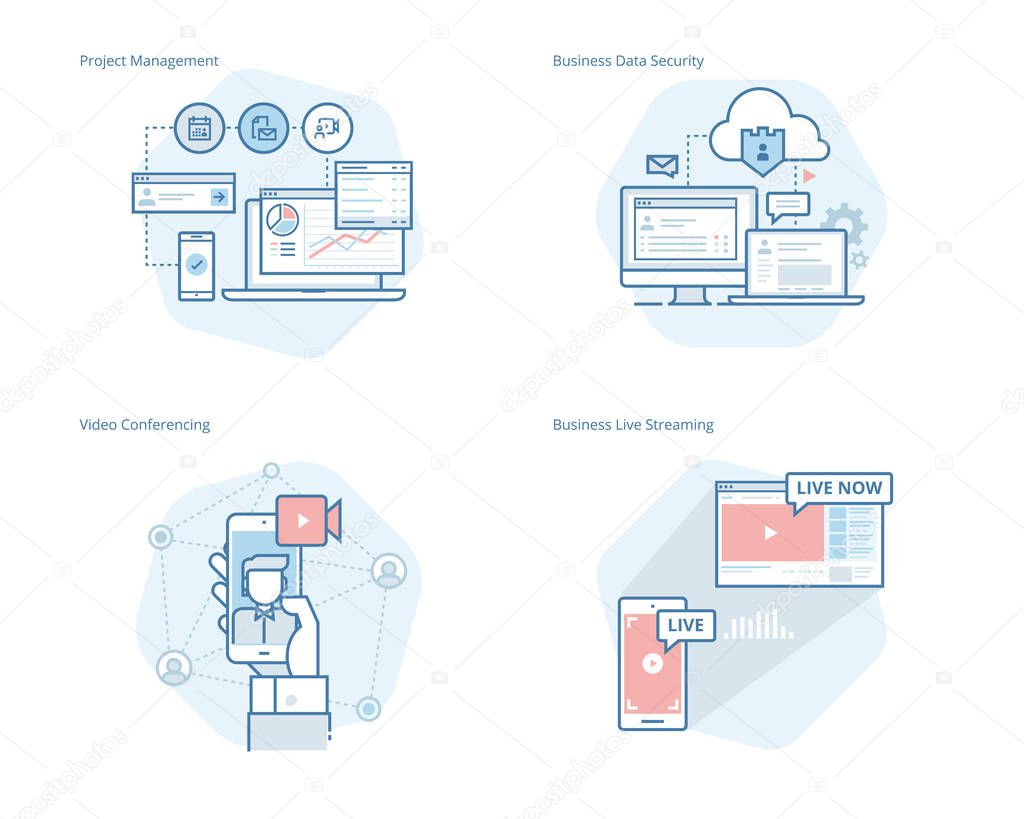 Set of concept line icons for project management, business data security, video conferencing, business live streaming