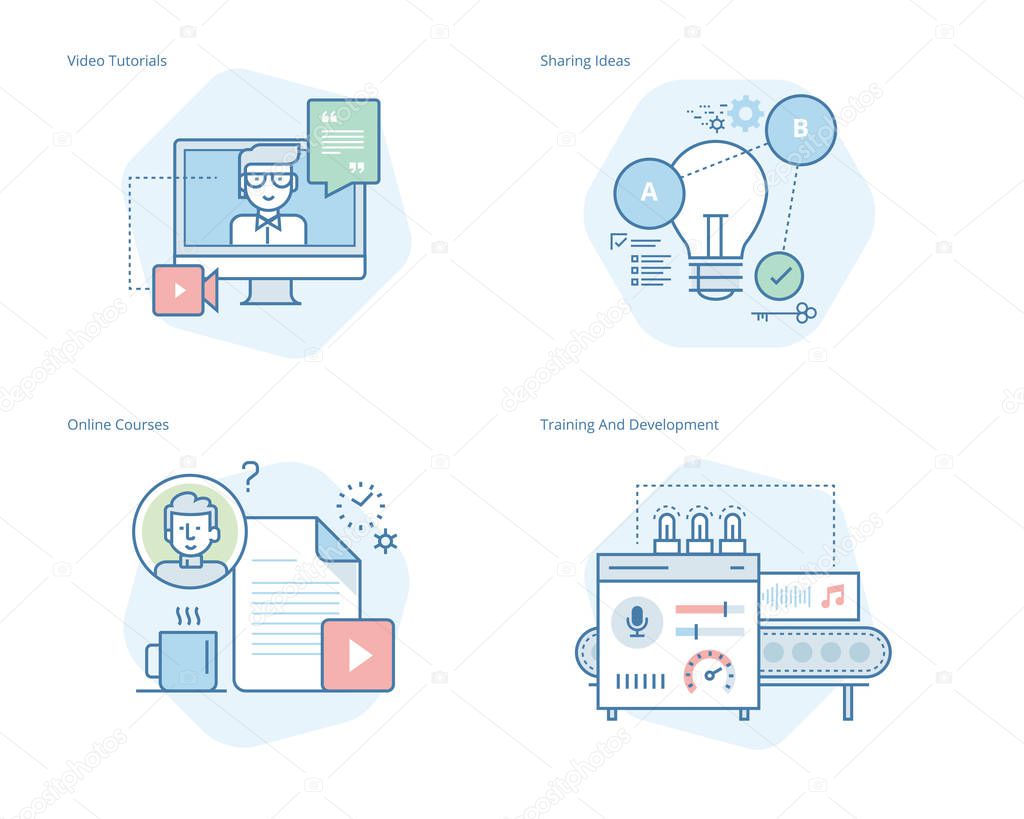 Set of concept line icons for education, video tutorials, online courses, training and development, sharing ideas