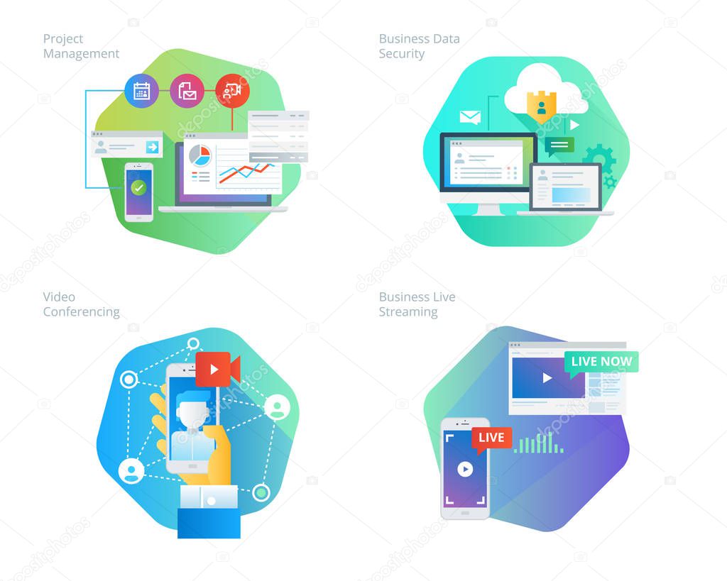 Material design icons set for project management, business data security, video conferencing, business live streaming