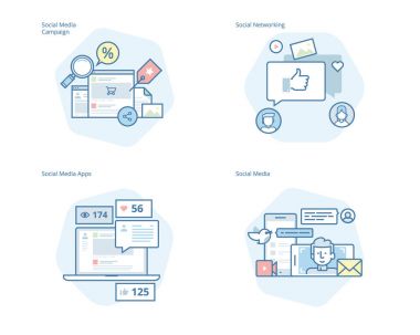 Set of concept line icons for social media, networking, marketing, campaign and apps