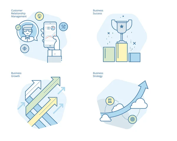 Ensemble d'icônes de ligne de concept pour CRM, stratégie d'entreprise, croissance et succès — Image vectorielle