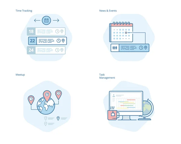 Conjunto de ícones de linha de conceito para gerenciador de tempo, notícias e eventos, meetup, gerenciamento de tarefas, rastreamento de tempo — Vetor de Stock