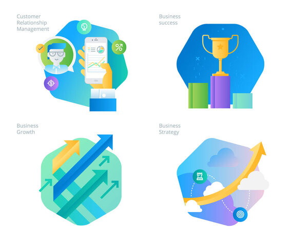 Material design icons set for CRM, business strategy, growth and success