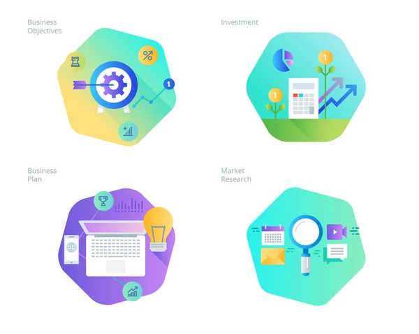 Iconos de diseño de materiales establecidos para el plan y los objetivos de negocio, investigación de mercado, inversión — Archivo Imágenes Vectoriales