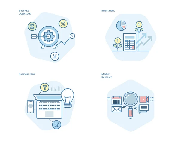 Set of concept line icons for business plan and objectives, market research, investment Stock Illustration