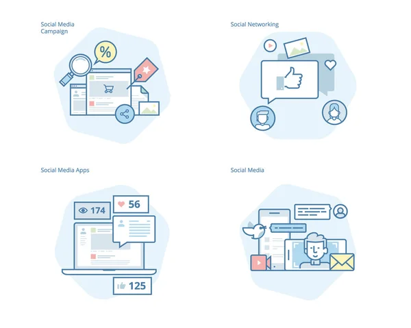 Set of concept line icons for social media, networking, marketing, campaign and apps Royalty Free Stock Illustrations