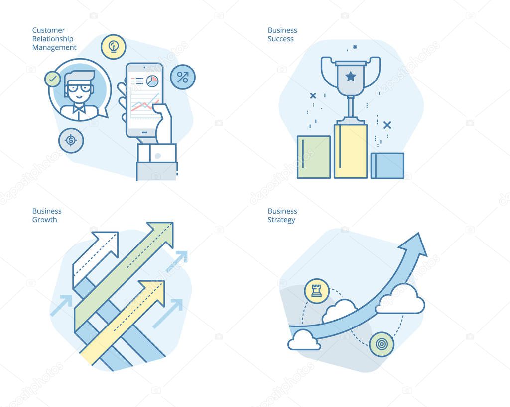 Set of concept line icons for CRM, business strategy, growth and success