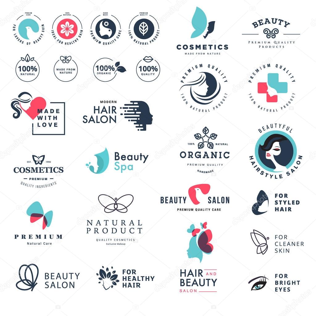 Set of vector illustration concepts of labels and stickers for cosmetics, healthcare, natural and organic products, wellness and spa, beauty salon, jewelry
