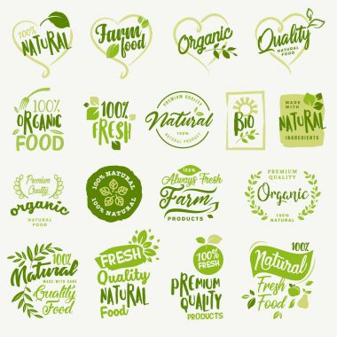 Organik gıda, çiftlik taze ve doğal ürün çıkartmaları ve gıda pazarı, e-ticaret, organik ürünler promosyon, sağlıklı yaşam ve sigorta primi nitelik yiyecek ve içecek için etiketleri koleksiyonu.