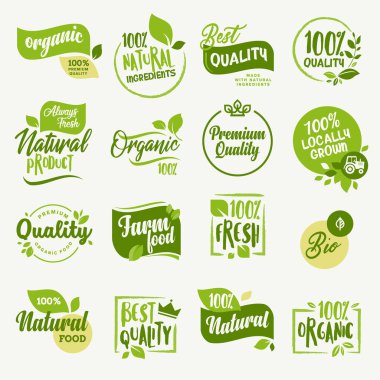 Organik gıda, çiftlik taze ve doğal ürün çıkartmaları ve gıda pazarı, e-ticaret, organik ürünler promosyon, sağlıklı yaşam ve sigorta primi nitelik yiyecek ve içecek için rozetleri koleksiyonu.